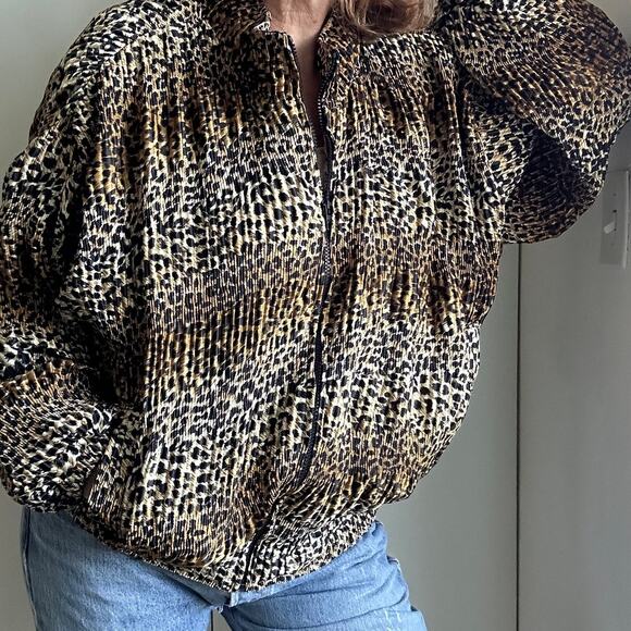 Vintage 80s Animal Print Womens Zipper Jacket/Bomber Micro Pleated Sz L/XL - Picture 5 of 10